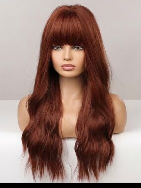 Long Wavy Women's Wig with Bangs - Rich Auburn Red